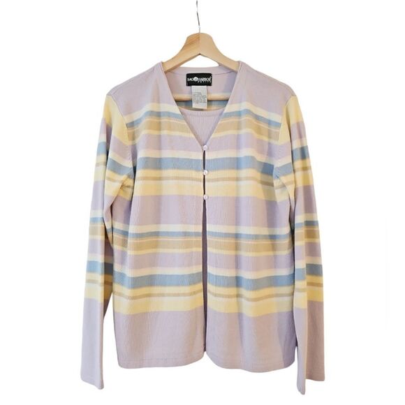Vintage Y2K Sag Harbor Purple Stripes Mock Layered Cardigan Sweater Top Size L - Picture 1 of 9